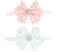 2Pcs Elegant Babies Christening Headband Cute Soft Baby Fabric Lace Headband Beautiful Girls Lace Bow for Baby Wearing