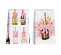 2Pcs Elegant Champagne Bottle Kitchen Towels 24x14 Inch, Coquette Pink Bow Waffle Hand Towels for Kitchen Home, Absorbent Soft Microfiber Dish Cloth Tea Towel, Housewarming Gifts for Women