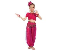 2pcs Elegant Dance Set for Girls: Sequin Crop Top Flared Pants Bollywood Party Costume Hot Pink