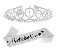 2Pcs Elegant Silver Crown and Ribbon Set, Birthday Crown and Sash Silver, Princess Birthdays tiara for Birthday Celebration, Cosplay Costume