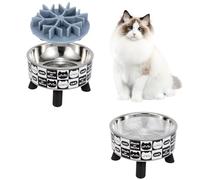 2PCS Elevated Cat Bowls with Slow Feeder, Wide Raised Stainless Steel Cat Dishes Plastic Stand Silicone Slow Food Dispenser, Whisker Friendly Pet Water Food Plates Feeding Station Indoor Cats, Kitten