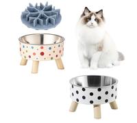 2PCS Elevated Cat Bowls with Slow Feeder, Wide Raised Stainless Steel Cat Dishes Plastic Stand Silicone Slow Food Dispenser, Whisker Friendly Pet Water Food Plates Feeding Station Indoor Cats, Kitten
