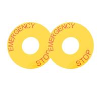 2pcs Emergency Stop Sign Label for Equipment, 63mm PVC Yellow | Strong Adhesion, Peel and Stick Installation, Red Text, for Buttons, Metal Panels, Docks