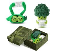 2Pcs Emotional Support Crochet Doll Pea & Broccoli with GiftBox,Handmade Positive Knitted Toy with Encouraging Card for Women,Family,Friends Kids, Cute Motivational Plants Doll for Home Desk Decor