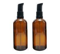 2Pcs Empty Refillable 100ml/3.3oz Amber Glass Lotion Pump Bottle with Black Press Cap Portable Soap Pump Dispenser Makeup Jar Travel Containers for Shampoo Cosmetic Remover Oil