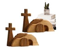 2PCS Empty Tomb Easter Resurrection Scene Set, Wooden Easter Scene Cross Table Decorations, Easters Christian Scenes Nativity Set for Home Church