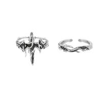 2Pcs Enamel Cross Rings Punk Irregular Sword Knuckle Ring Adjustable Finger Joint Band Jewelry for Women Men Girls (Black)