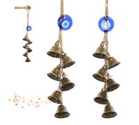 2Pcs Evil Eye and Witch Bells for Door Knob Protection, Vintage Bronze Witches Bells Wind Chime Hanging Decor with Blue Evil Eyes for Home Door Window and Wall Clear Negative Energies