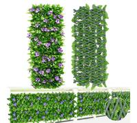 2PCS Expanding Garden Trellis Panels, 40x20cm to 28x200cm Expandable Garden Fence Screening with Artificial Ivy and Violet Flower,Decorative Faux Ivy Leaf Privacy Screen Greenery Backdrop for Backyard