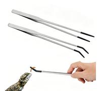 2Pcs Extra Long Reptile Feeding Tongs, 10.6" Stainless Steel Tweezers with Safe Rubber Tips,Straight Curved Terrarium Tools for Aquarium Gardening Snake Lizard Supplies