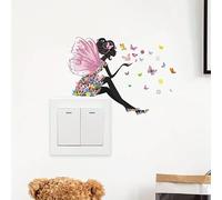2Pcs Fairy Butterfly Flowers Girl Kids Children Sitting on Top Light Switch Surround Decorative Vinyl Wall Sticker Decal Bedroom (15x11)