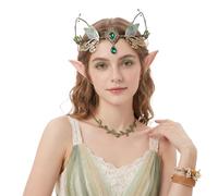 2Pcs Fairy Crown with Ears Sets Women Headband Flower Leaf Elf Headpiece, One size, Silicone Metal Alloy Rhinestone