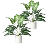 2pcs Fake Plants in Pot,14" tall Artificial Faux Potted Plants with Green Leaf for Indoor Home Office Bathroom Bedroom Living Room Table Decor(Sea taro leaves)
