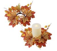 2Pcs Fall Candle Ring 9.8 Inch Autumn Candle Ring Artificial Maple Leaf Wreath Thanksgiving Holder Mini Fall Wreath for Pillars Centerpiece Tabletop Decoration