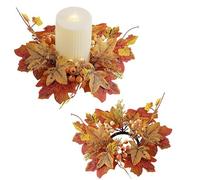 2pcs Fall Candle Ring, 9.8Inch Maple Leaves Harvest Day Wreath Ring Holder, Faux Kitchen Cabinet, Farmhouse Style For Festival Holiday Party Decoration, Tabletop Wall Window Decor