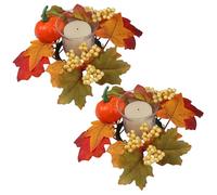 2PCS Fall Candle Rings 9.5 Inch Maple Leaf Wreaths with Pumpkins Berries Autumn Table Centrepiece for Thanksgiving Halloween Mantel and Door Decor