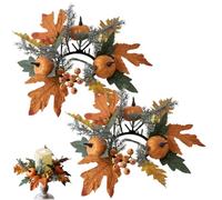 2PCS Fall Candle Rings Pumpkin Maple Leaf Berry Wreaths, 3 Inch Centre Decorative Mini Candle Rings for Autumn Table Centrepiece, Farmhouse Mantel & Indoor Décor