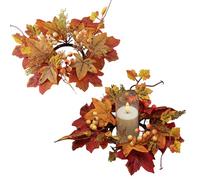2Pcs Fall Candle Rings Wreaths - Artificial Maple Leaves Candle Holders with Maple Leaves and Berries for Thanksgiving Home Wedding Cabinets Table Centerpiece Decor (B)