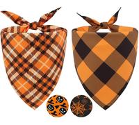2PCS Fall Dog Bandanas,Halloween Dog Bandanas,One Side Orange Plaid,The Other Side Pumpkin or Spider Web Bibs,Holiday Pet Scarf for Boy and Girl Dogs,Thanksgiving Pet Outfit for Medium to Large Dogs
