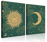 2pcs Fantastic Celestial Sun and Moon Wall Art Pictures, Astrology Posters Prints, Gold and Green Canvas Paintings, Tarot Cards Bohemian Wall Decor Medieval European Bedroom Decor, Living Room
