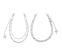 2pcs Fashion Layered Pants Wallet Chains, Imitation Pearl Rhinestone Flower Cross Pendant Chains for Clothing (Silver)