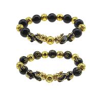 2pcs Feng Shui Bead Bracelet Obsidian Double Pixiu Bracelet Attract Lucky Wealthy Elasticity Gift for Men and Women