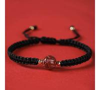 2Pcs Feng Shui Cinnabar Crystal Stone Carved Bead Red String Handmade Buddhist Adjustable Good Luck Amulet Women Men,Black,Three Beads