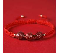 2Pcs Feng Shui Cinnabar Crystal Stone Carved Bead Red String Handmade Buddhist Adjustable Good Luck Amulet Women Men,Red,One Bead