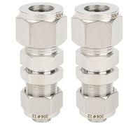 2Pcs Ferrule Compression Fitting Bulkhead Connector, Two - Touch Straight 304 Stainless Steel for Hard Tube to Hose Conversion with Wall Penetration, Reusable No - Weld (F12*10)