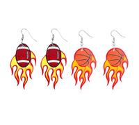 2Pcs Fire Earrings for Women Volleyball Baseball Football Soccer Basketball Earrings Wooden Flame Dangle Earrings Christmas Jewelry Gift, Zinc, No Gemstone