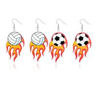 2Pcs Fire Earrings for Women Volleyball Baseball Football Soccer Basketball Earrings Wooden Flame Dangle Earrings Christmas Jewelry Gift, Zinc, No Gemstone