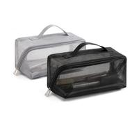 2pcs Flat Lay Mesh Makeup Bags See-Through Toiletry Pouch for Travel | Breathable see-through mesh lay flat makeup bag set for travel and home, helping you find brushes and cosmetics instantly.