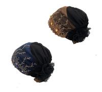 2pcs Floral Embroidered Turban Cap for Women Muslim Lady Wrap Head Bonnet African Female Headwrap Hijab Volumizer Cap, 1pcs Navy Blue and 1pcs Coffee, M