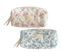 2pcs Floral Pencil Case for Girls Women, Pink and Blue Floral Cosmetic Bag, Portable Aesthetic Stationery Organizer Multifunction Cosmetic Makeup Bag for Pens, Erasers, Color Pens 19x8.5x7.5cm