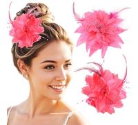 2Pcs Flower Feather Fascinators, Rose Hair Clip Large Feather Flower Hair Accessory for Women Girls Party Wedding (Rose Red)