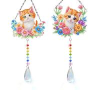 2Pcs Flower Kitten DIY Acrylic Diamond Painting Art Wind Chimes with Crystal Pendant Diamond Art Hanging Pendant Double-Sided for Adults Beginners Gift Home Garden Decor