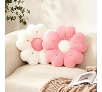 2Pcs Flower Pillow,34cm Plush Thick Flower Cushion White & Pink Aesthetic Daisy Pillow,Soft Fluffy Preppy Cushion Lumbar Suppor Mat Room Decor for Car Home Sofa Chair Bedroom Floor(Pink+White)