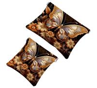 2Pcs Flowers Surround Butterflies-1772 Pocket Cosmetic Bag for Purses, Waterproof Makeup Bag Cosmetic Pouch, Portable No Zipper Makeup Bag, Multicolor 08, A：7.1x5.8in/18x14.8cm，B:4.7x4.5in/12x11.5cm