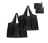 2PCS Foldable Shopping Bags Reusable Grocery Totes Extra Large Heavy Duty Oxford Cloth Holds 20kg Water Resistant With Attached Pouch For Adults Men Women Pure Black Colour Supermarket Retail Trav
