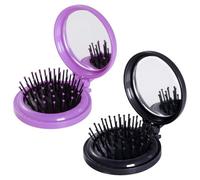 2pcs Folding Travel Mirror Hair Brushes Round Mirror Pocket Hair Brush Portable Mini Pop Up Hair Brushes for Women Girls Wet and Dry Hair (Purple, Black)