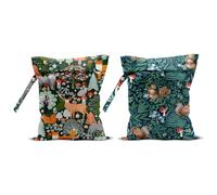2Pcs Forest Animal Wet Bags 12x10 Inch, Cottage Core Botanical Waterproof Travel Laundry Bags, Squirrel Fox Wolf Reusable Wet Dry Bag for Swimsuit Pool Beach Diapers Dirty Yoga Gym Clothes