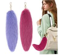 2Pcs Fox Tail, 12in Fluffy Tail Keychain, Furry Faux Fur Tail with Clasp, Artificial Decorative Therian Tail, Purple + Red