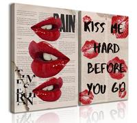 2Pcs Framed Fashion Canvas Wall Art Trendy Preppy Wall Decor Funky Red Lips Posters Retro Newspaper Picture Prints College Girls Aesthetic Room Decor Y2K Girly Dorm Bedroom Decor(12x16in)