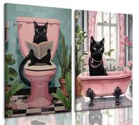 2Pcs Framed Funny Black Cat Wall Art - Cute Cat Reading Newspaper Posters - Pink Wall Decor for Bathroom & Toilet