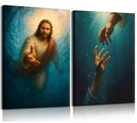 2Pcs Framed Jesus Christian Wall Art The Hand of God Jesus Reaching Into Water Canvas Wall Decor Blue Ocean Bible Pictures Posters Prints for Church Prayer Room Living Room Home Bedroom 12x16 inches