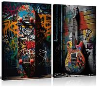 2pcs Framed Street Graffiti Canvas Wall Art Hip Hop Pop Banksy Pictures Posters Paintings Prints Teen Boys Room Wall Decor Modern Cool Skateboard Guitar Artwork for Man Cave Living Room 16x24inx2