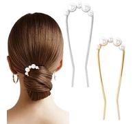 2Pcs French Hair Pins with Pearl U-Shaped French Twist Hair Pin Metal French Pin for Women Girls Large French Clip Vintage Hair Sticks Double Prongs Hair Pin Hairstyle Accessories, Gold and Silver
