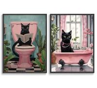 2Pcs Funny Black Cat Bathroom Canvas Wall Art Cute Cat Reading Newspaper Posters Prints Bathroom Art Botanical Animal Pink wall Decor pictures Painting for Bathroom Toilet Artwork Decorations Unframed