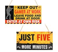 2pcs Funny Gaming Signs Just Five More Minutes Wooden Sign Hanging Game Signs Bedroom Door Sign with Jute Rope for Boys Birthday Xmas Gift