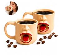 2Pcs Funny Shaking The Tongue Coffee Cup,Abstract Personality Ceramic Mug,3D Design Mug Featuring a Permanently Stuck-Out Tongue, Funny Cup for Ornament, Novelty Gift for Friends, Coworkers (Yellow)